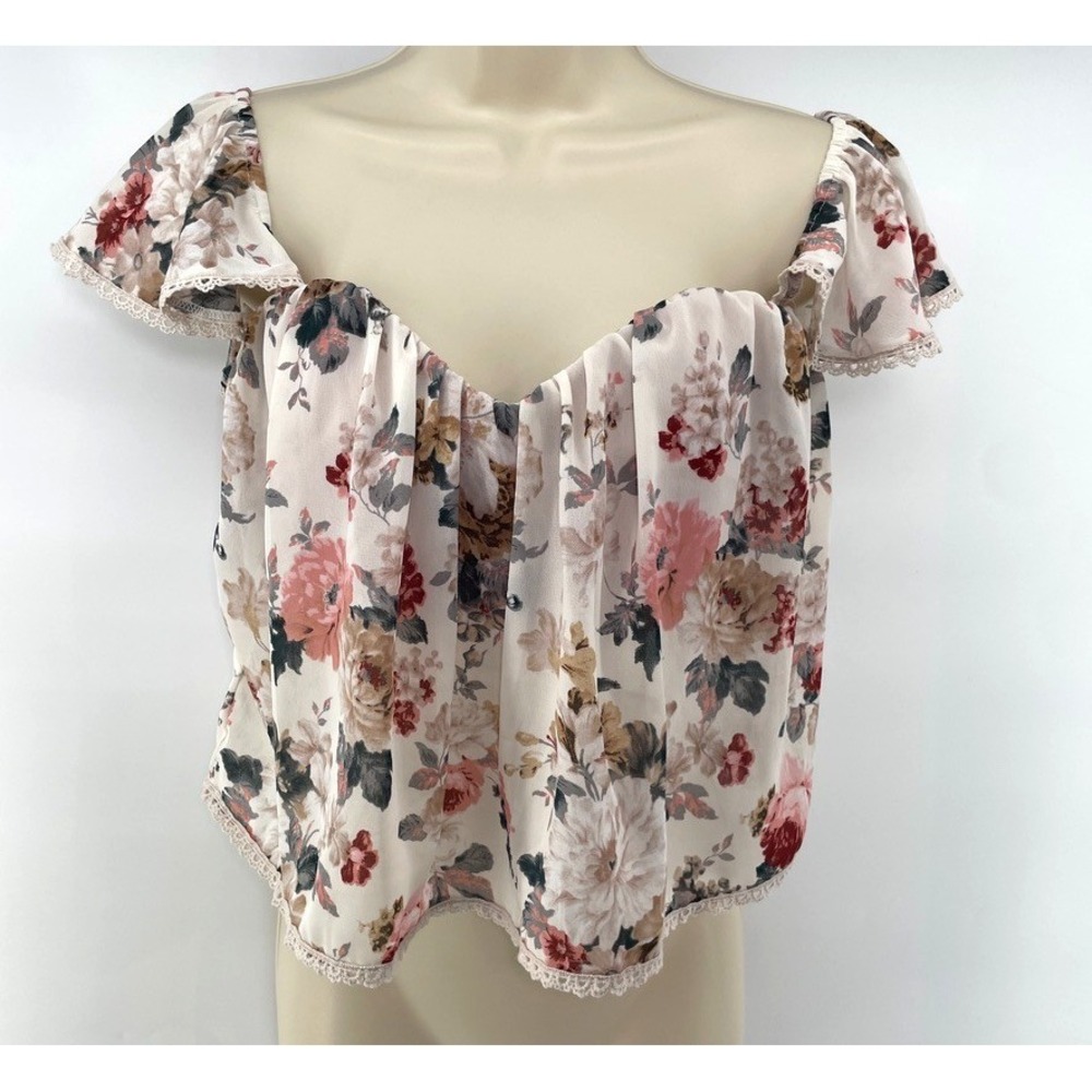 Blush Crop Top S Floral Romantic Cottagecore Boho Fairy Coquette Flowy Lace Trim